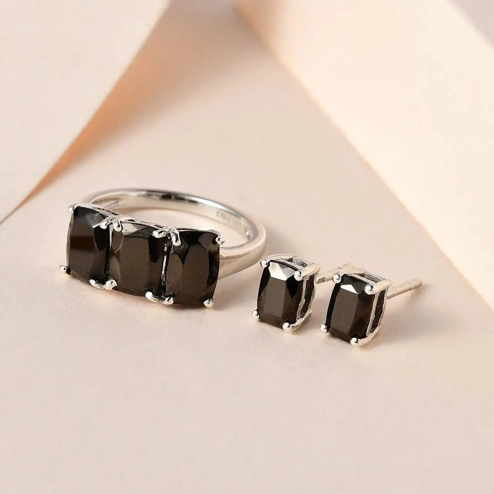 NEW Shungite Earrings & 3 Stone Ring (Size 10) in Platinum Over Sterling Silver